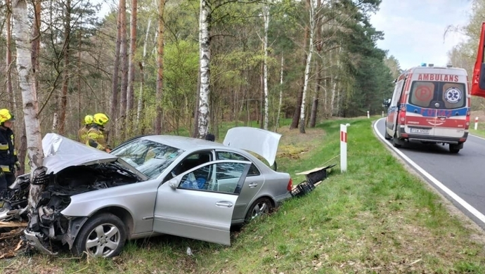 Wypadek na DW 318: kierowca mercedesa wpadł do rowu i uderzył w drzewo (FOTO)