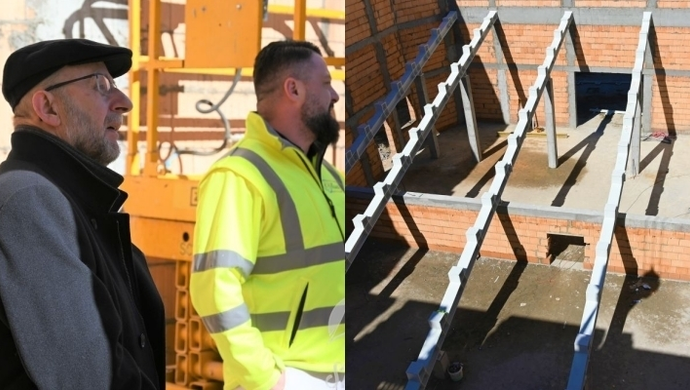 Burmistrz Sławy oceniał postępy budowy nowej sali widowiskowo-teatralno-kinowej