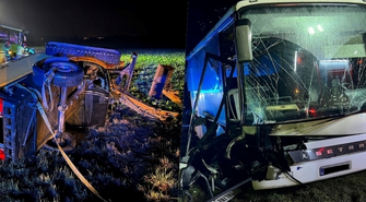 Wypadek na drodze z Wronińca do Żuchlowa. Przyczepa z agregatem i mini koparką uderzyła w autobus (FOTO)