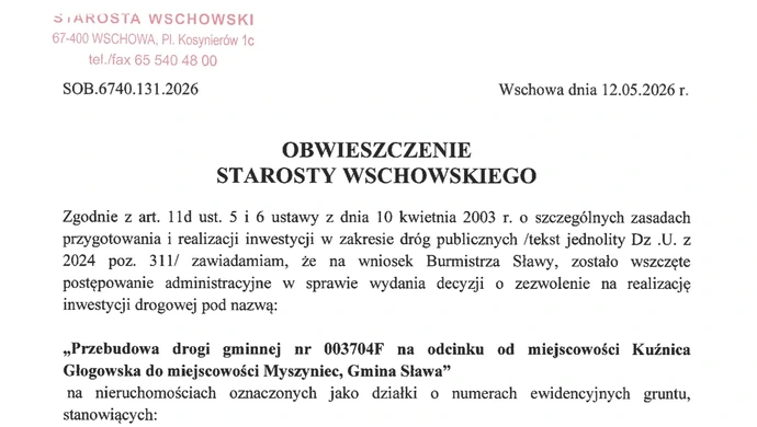 Obwieszczenie Starosty Wschowskiego ws. przebudowa drogi Kuźnica Głogowska-Myszyniec